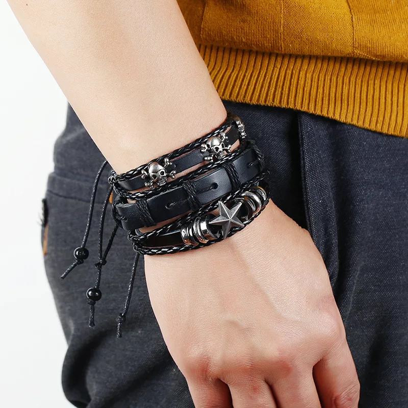 Poisonous Sign Skull Charm Leather Bracelet Set Multiplayer Black Braided Bangle Men Wristband Jewelry 6pcs/set | Украшения и