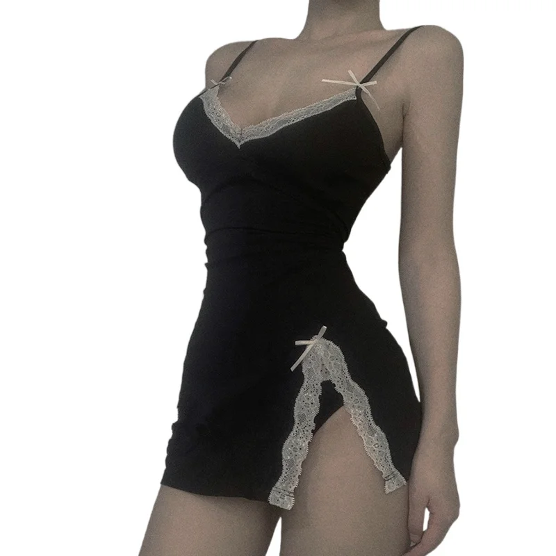 

Sexy Lace Cotton Nightgown Women Mini Short Night Dress with Panties Spaghetti Strap Nightdress Sleepwear Slim Nighties