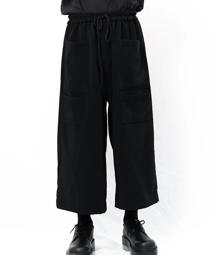 

Style Yamamoto Men's casual pants wide leg pants Elastic Waist Skirt Black Multi Pocket flared pants