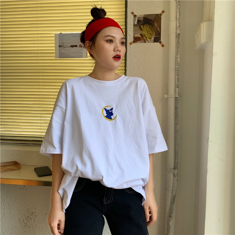 Летние футболки с мультяшным принтом рубашки вышивкой Сейлор Мун коты свободная