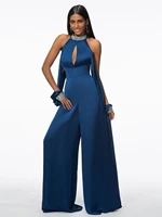 womens unique navy fashionable beading key hole satin evening dresses navy blue chiffon jumpsuits gala gowns open sleeves long