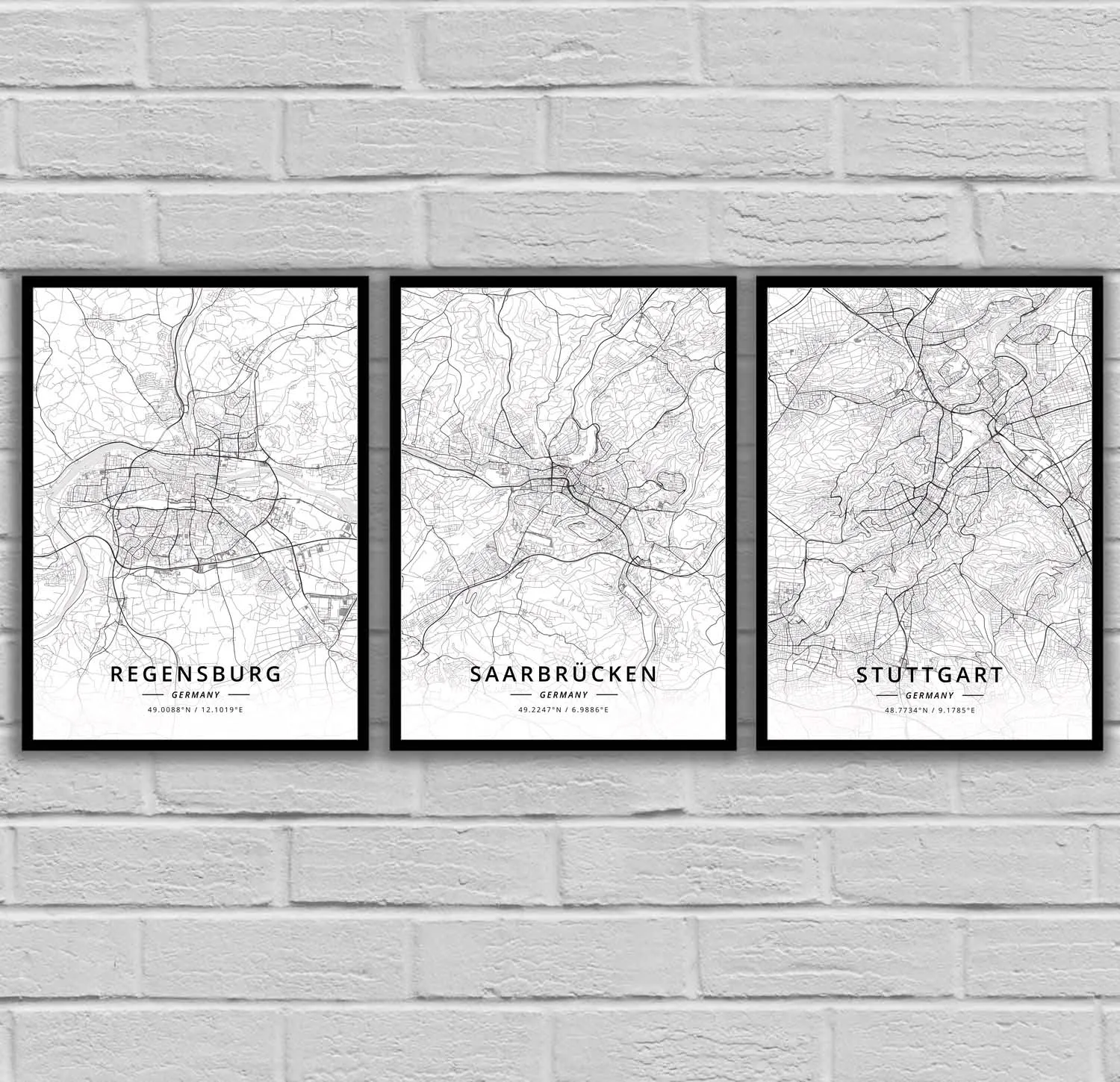 Regensburg Saarbrucken Stuttgart Wiesbaden Wildensee Плакат с картой Германии