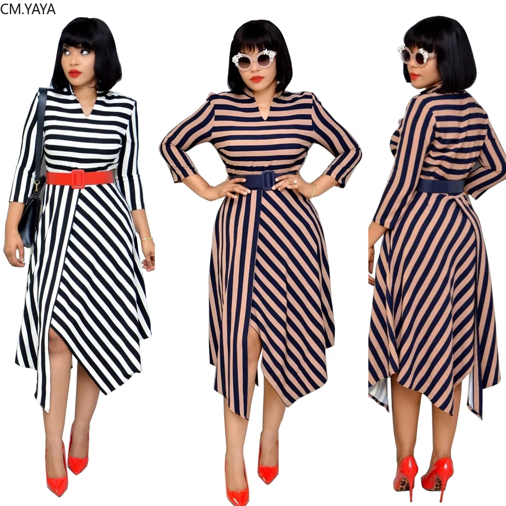 Women Winter Fall Three Quarter Sleeve Striped Dress Office Lady Street Style Sashes Asymmetrical midi Dresses Plus Size AM387 | Женская