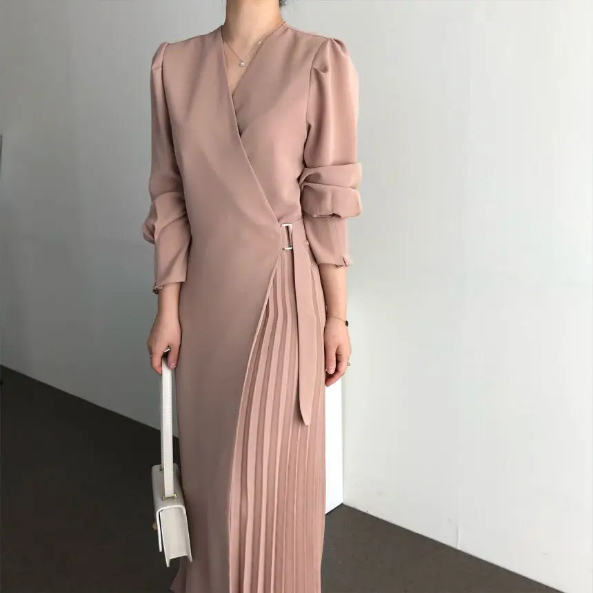 

Korean Chic French Minority Autumn V-neck Design Pleated Elegant Mid-Length Lace-up Waist Dress
