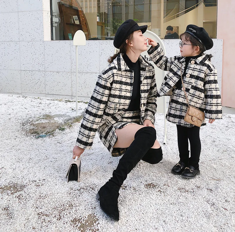 Клетчатый костюм для мамы и дочки зимнее платье ребенка свадебное принцессы