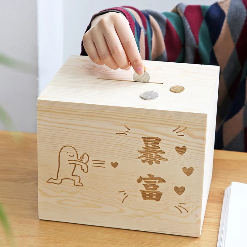 Creative Wooden Money Box Large Fashion Savings Tank Deposit Metal Coin Wallet Hucha Cuentamonedas Euros Boxes Wood NN50PB | Дом и сад