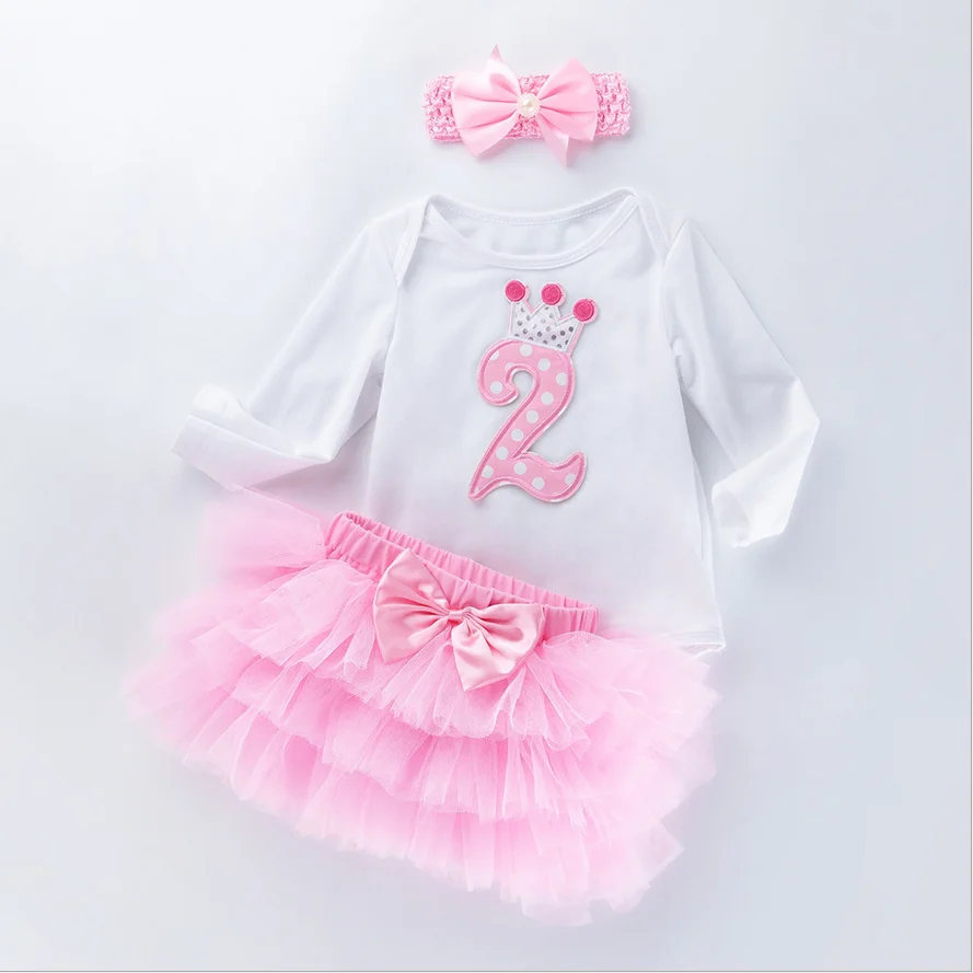 

Cleance Pink Baby Girls Crown Two Romper Six Layered Tutu Skirt Baby Clothing Second Birthday Infant Girl Bead Bowknot Headband