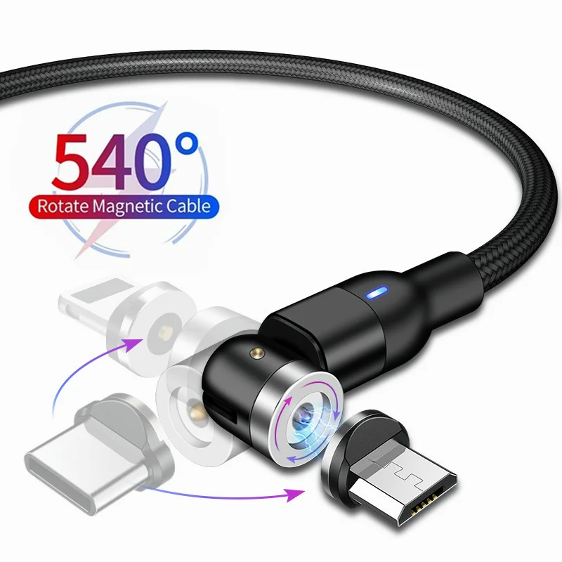 Магнитный нейлоновый кабель с поворотом на 540 градусов Micro USB для IPhone Xiaomi типа C