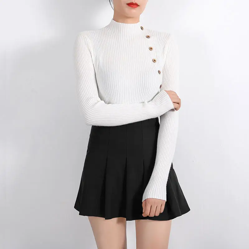 Autumn O-neck Sexy Slim Sweater Botton Desgin Knitted Pullover Women Casual Vintage Sweater Colthing Female Knit Tops