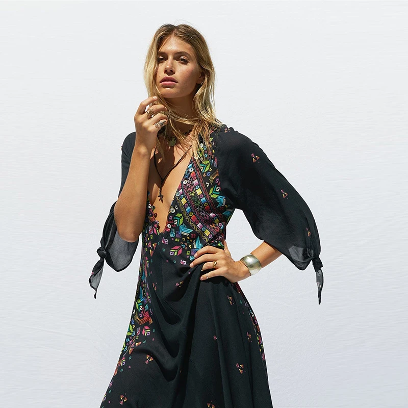 Женское платье-макси EFIOLY этническое кимоно с v-образным вырезом цветочным