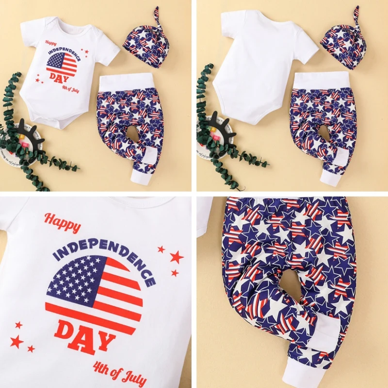 

Baby Girl Boy Independence Day Pattern Print Short Sleeve Romper Stripe Trousers Hat Outfits SetBaby Girl Cute Romper Trousers