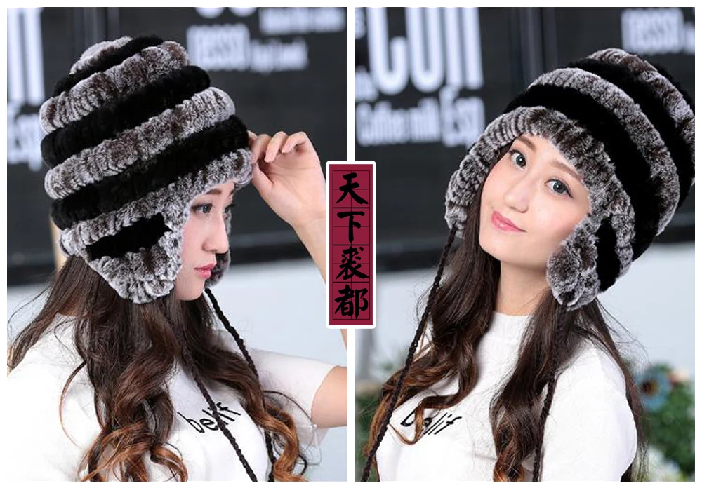 Lady Real Fur Earflap Hats Women Natural Rex Rabbit Fur Beanies Cap Russian Winter Warm Genuine Fur Hat Wholesale