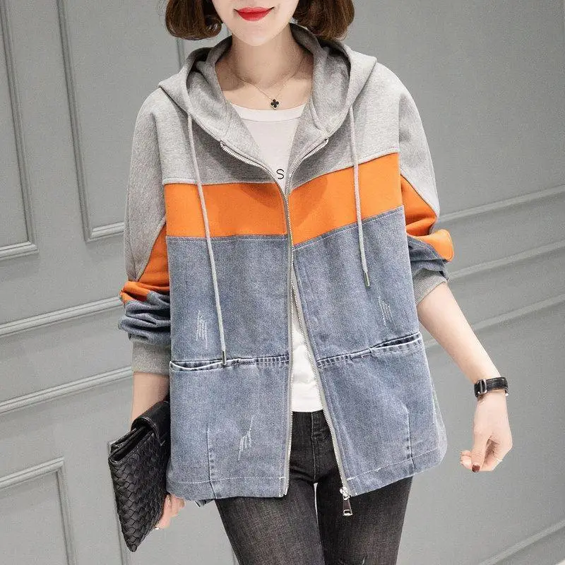 

Женская джинсовая куртка с капюшоном, синяя свободная джинсовая куртка в стиле пэчворк, винтажная верхняя одежда большого размера, Z681, осен...