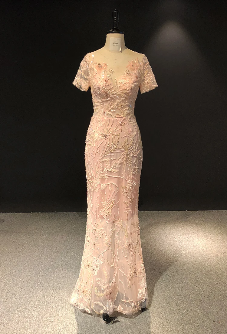 Rhine real Pictures Luxurious Pink Lace Short sleeves Beads Mermaid vestido de noiva robe de soiree arabic evening dresses long
