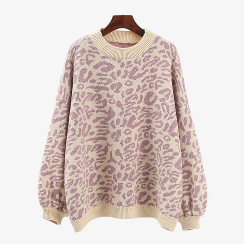 

Женский трикотажный свитер с леопардовым принтом, длинным рукавом и круглым вырезом