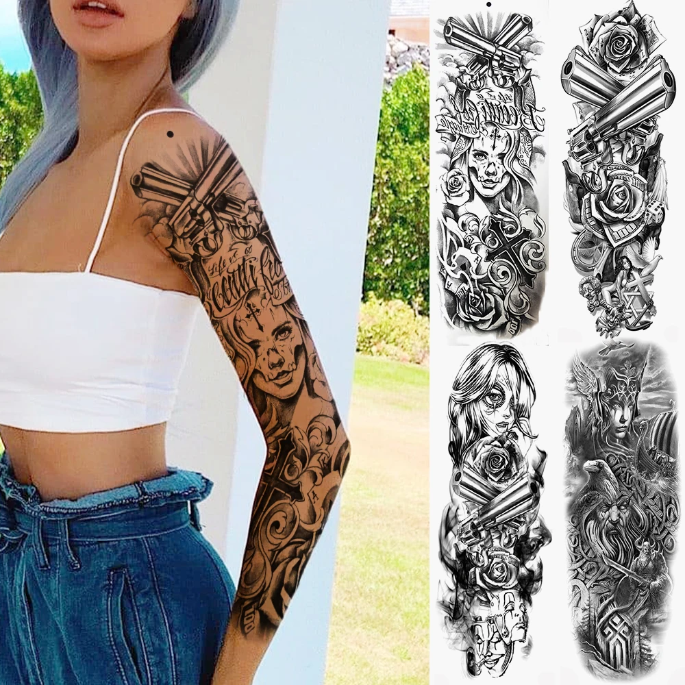 Sexy Full Arm Temporary Tattoos Sticker For Women Men Adult Gun Nun Vines Realistic Fake Tattoo Sleeves Large Tatoos Paste