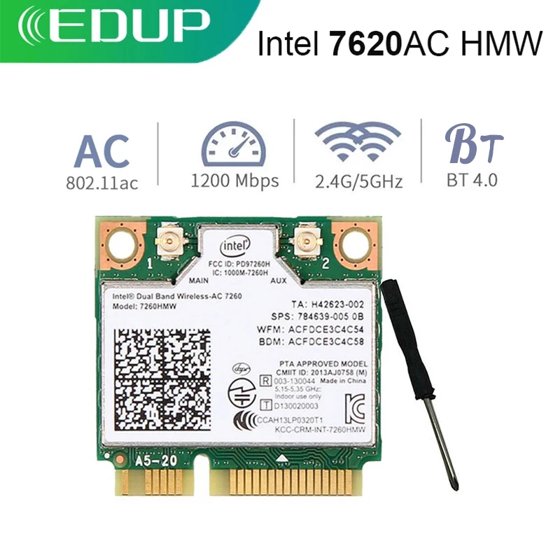 

EDUP 1200Mbps PCIE WiFi Adapter Dual Band Intel 2.4Ghz/5G 7260 HMW Bluetooth 4.0 Wireless Mini PCI Express WiFi Card 6Dbi
