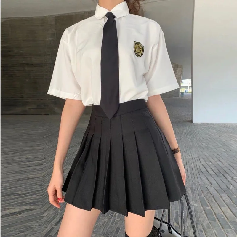 

Japanese Style Sweet JK Uniform Pleated Skirt Suit 2021 Summer Women Short Sleeve White Shirt + Mini Skirts Two Piece Sets Y142