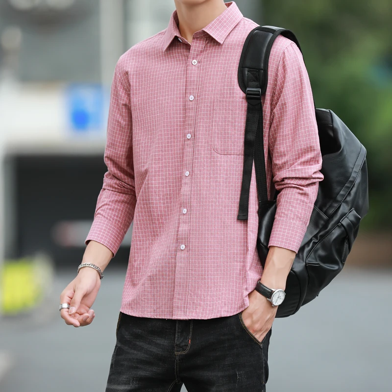 

2020 New Style Fashion Casual Korean Trend Pink Green Blue Plaid Shirt For Men