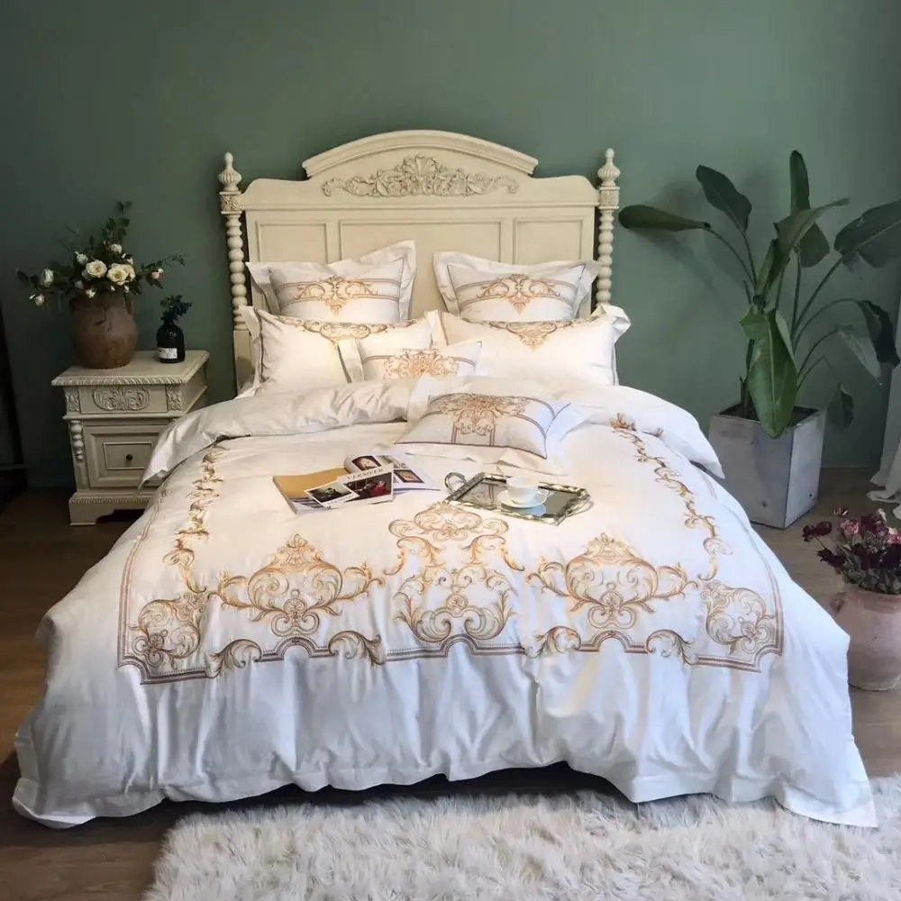 

800TC Egyptian cotton White Bedding sets Gold Embroidered Duvet cover Silky Soft Breathable Bed linen Sheets Queen King 4/6/7PCS