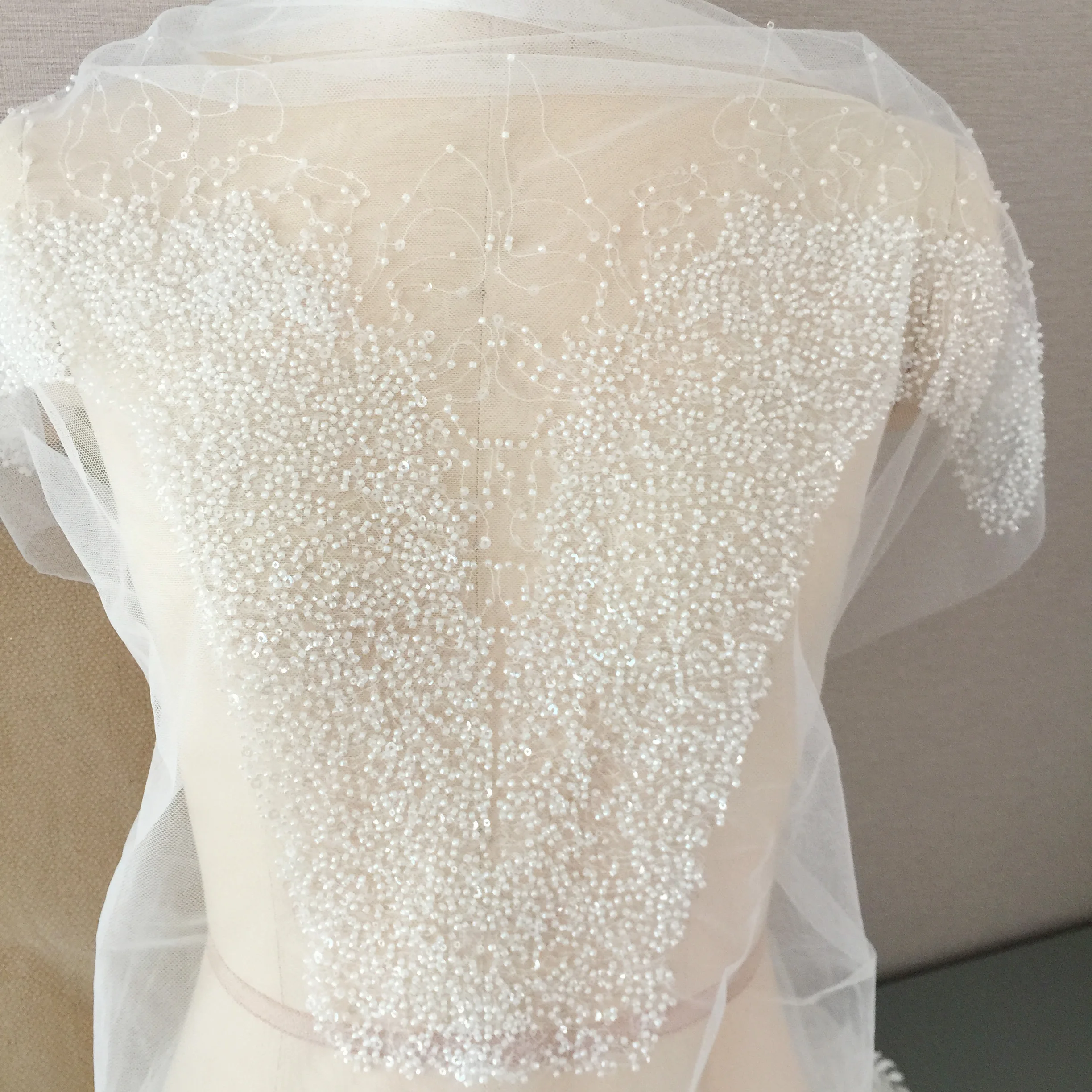 V-neck Beading Lace Patch 30x56CM Ivory Tulle Beaded Lace Application Sew on for Dress 1 Piece