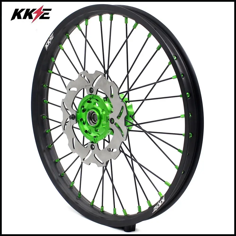 Полный комплект колес KKE 21 & 19 MX для Kawasaki KX250F 2019 зеленые соски черные Спицы