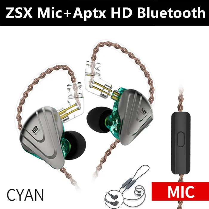 KZ ZSX Терминатор металлические наушники в ухо 12 единиц Гибридный 5BA+ 1DD HIFI бас наушники шумоподавление Гарнитура монитор - Цвет: CyanMicHDBluetooth