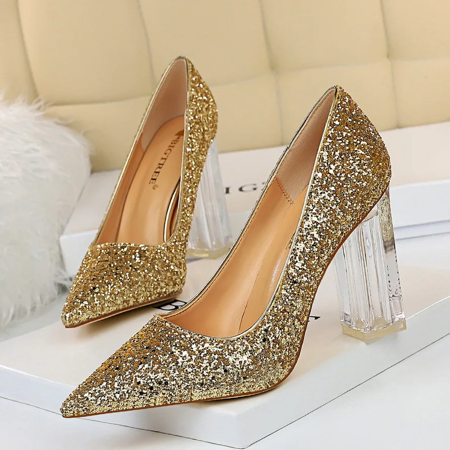 European and American fashion transparent crystal thick high-heeled shallow mouth pointy sexy nightclub sparkling sequined shoes