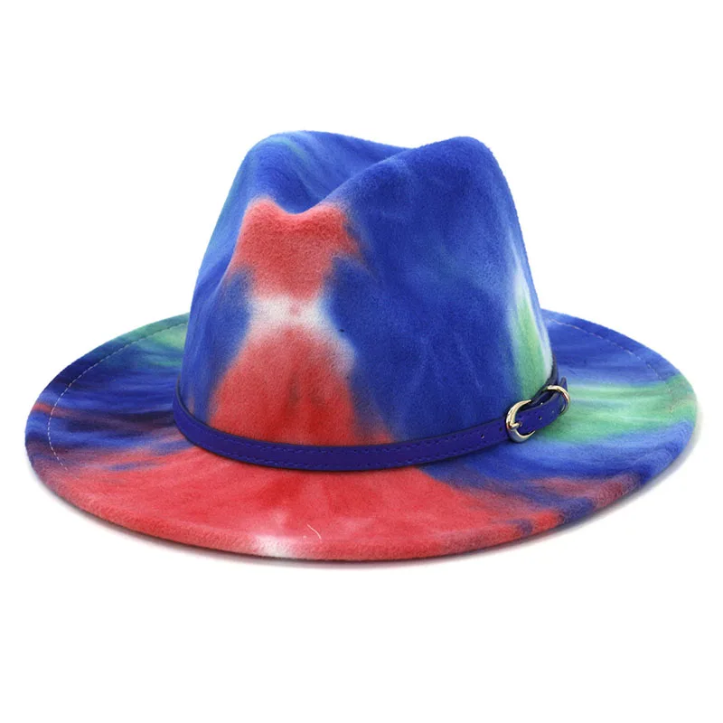 

Women's cap hats autumn winter felt Bowler Jazz Hat European American Tie dye for men fedoras 2021 fashion buckle strap vintage