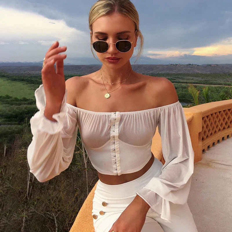 InstaHot блузка шифоновая рубашка с длинным рукавом с вырезом лодочкой сексуальный прозрачный укороченный топ с расклешенным рукавом белая повседневная сексуальная винтажная Тонкая блузка