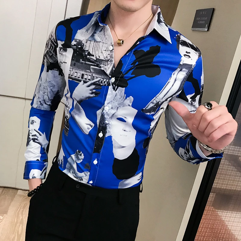 2020 Latest Luxury fashion brands Newspaper printing Streetwear Casual Men Shirts Slim Fit Long Sleeve Party Mens shirts | Мужская