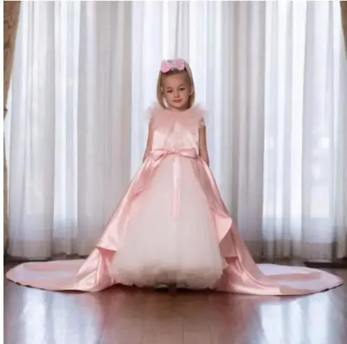 

Pink Satin A-Line Princess Birthday Dress O Neck Sleeveless Flower Girl Dress Children Birthday Party Gown