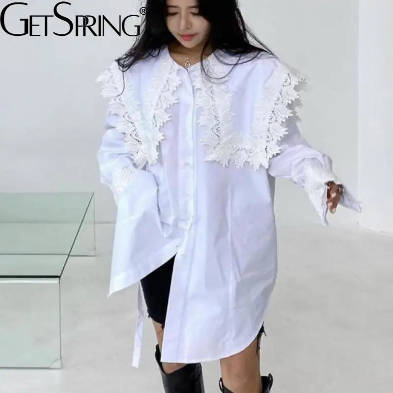 

Getspring женская рубашка с кружевом и длинным рукавом, белая блузка с воротником «Питер Пэн», хлопковая Длинная свободная повседневная блузка, ...