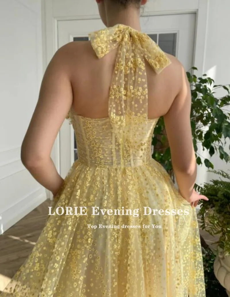 

Eightale Yellow Prom Dress Tulle with Embroidered Dandelions Boning Ruffles Halter Tea-length Evening Party Gown