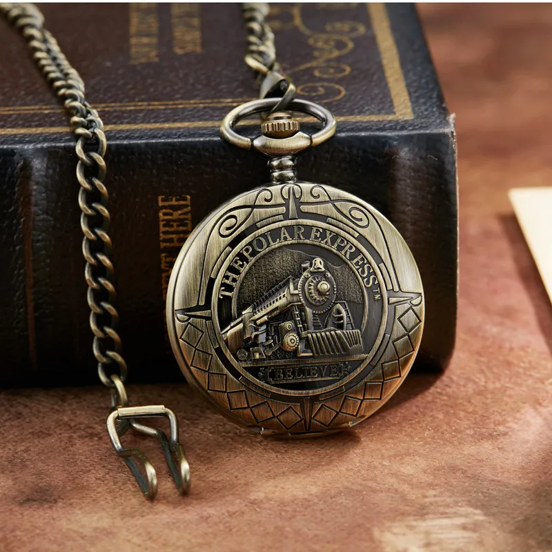 

Antique Bronze Mechanical Pocket Watch The Polar Express Design Roman Numerals Hollow Skeleton Mens Women Steampunk Clock Chain