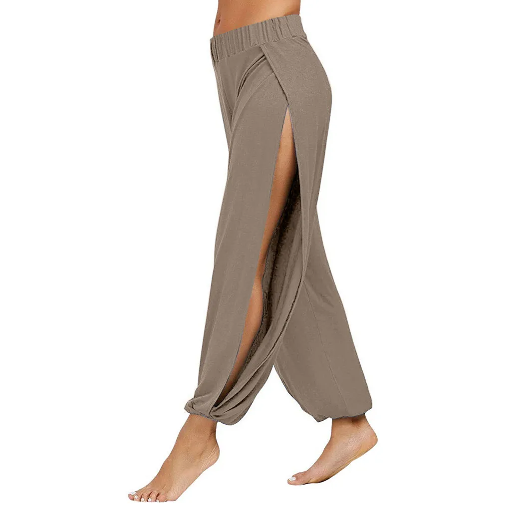Женские штаны для йоги эластичные спортивные брюки с разрезом свободная