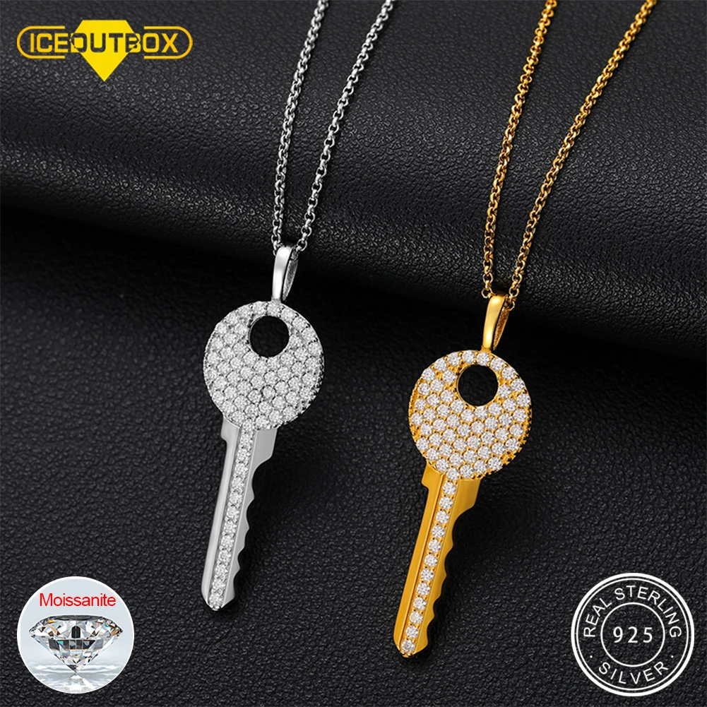 

Moissanite Diamond Key Pendant Necklace For Women 925 Sterling Silver Chain Necklace Iced Out Top Quality Fine Jewlery Trendy