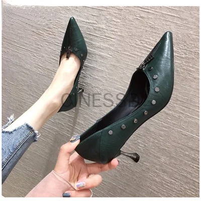 

women fashion pointed toe green slip on stiletto heels for party lady cool black office heel shoes zapatos dama a6528