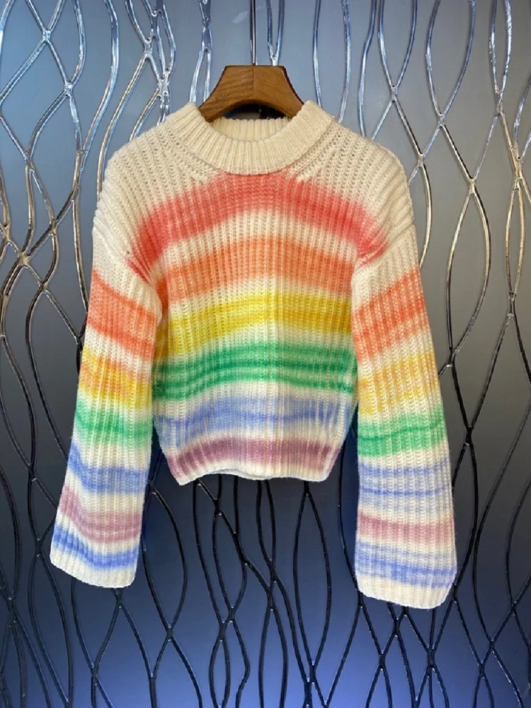 Sweaters & Pullovers 2022 Spring Fashion Style Ladies Sweet Rainbow Color Knitting Patterns Long Sleeve Casual Jumpers Tops