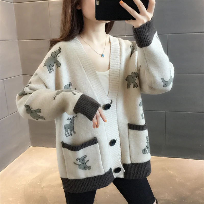 Кардиган вязаный кардиган с V-образным вырезом карманом в виде оленя |