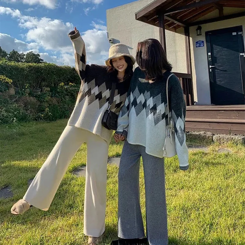 

Korean Fashion Spring Drawstring Loose High Waist Straight Pants Office Lady Casual Solid Knitted Wide Leg Long Pants Trousers