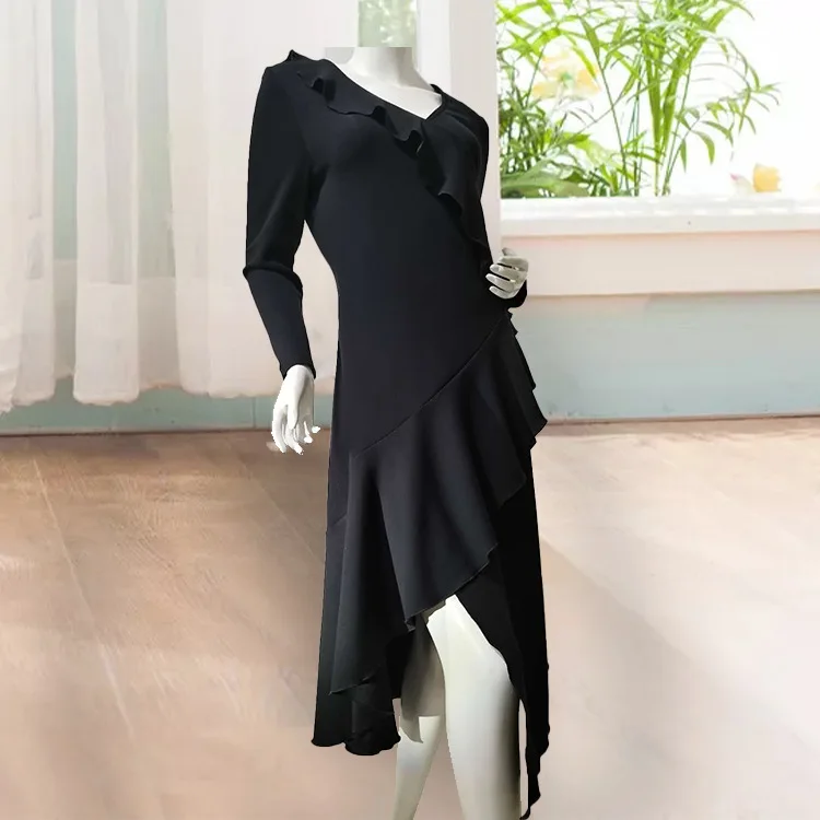 

FNOCE 2020 new winter women's dresses fashion streetwear solid long sleeve v-neck slim ruffles irregular Ankle-Length dress