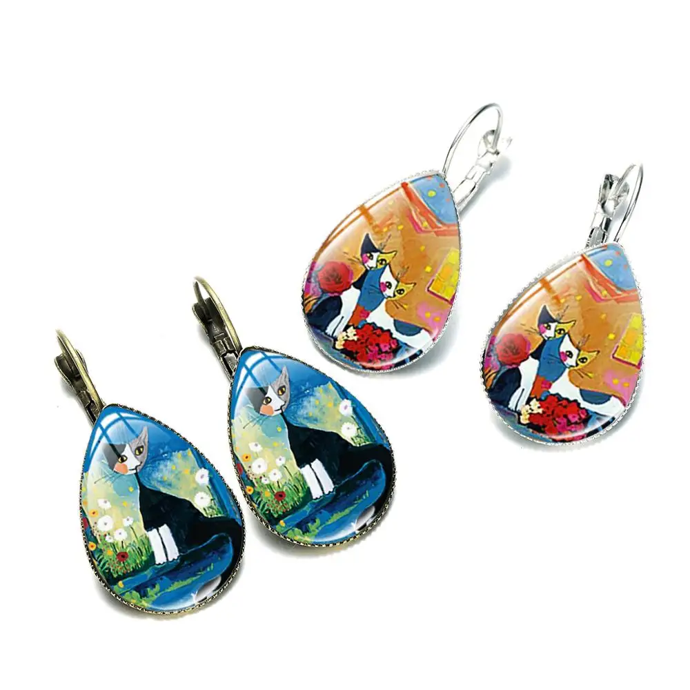 Абстрактные парные коты художественная живопись капли воды серьги комикс стиль