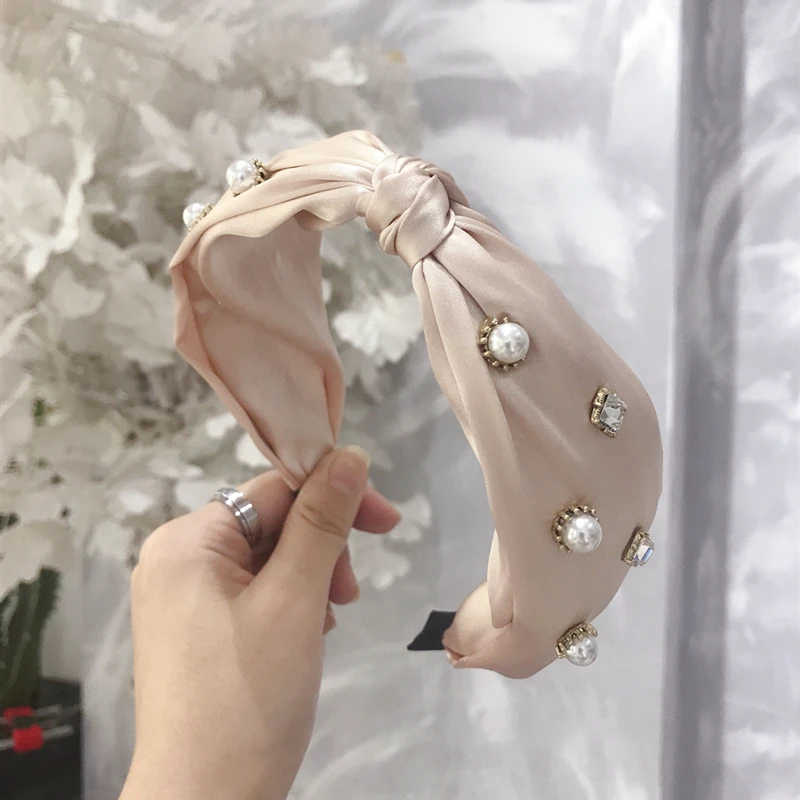 

Korea Women Elegant Fabric Knot Hairband Chic Luxury Rhinestone Pearl Broad Headwear Fashion Street Hair Accessories 8 Colors
