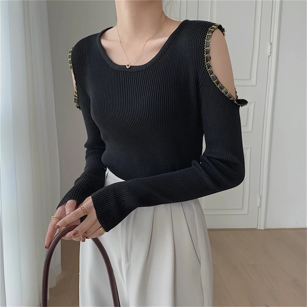 

대한민국 Sexy Casual Women Slim-Fit Sweaters Outwear OL All Match Off Shoulders 2021 Jumpers Pullover Knitwear Autumn Tops
