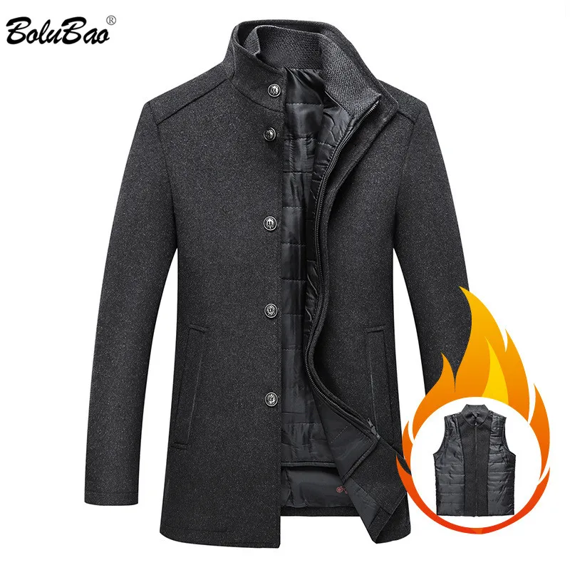 BOLUBAO Winter Men's Wool Blend Coats Fashion Brand Men Stand Collar Wool Coat Luxurious Casual Overcoat Male (With vest)
