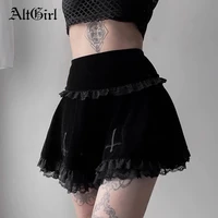 altgirl dark gothic velvet skirt women vintage mall goth punk cross embroidery high waist black lace trim emo alternative skirts