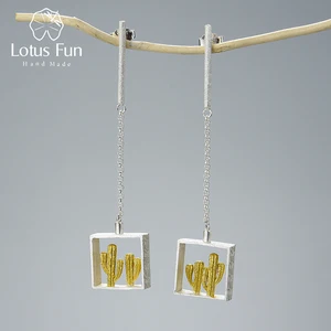 Lotus Fun реальные 925 серебро ручной работы Ювелирные украшения пустыни серии Творческий кактус Дизайн Длинные Висячие серьги для Для женщин Bijoux