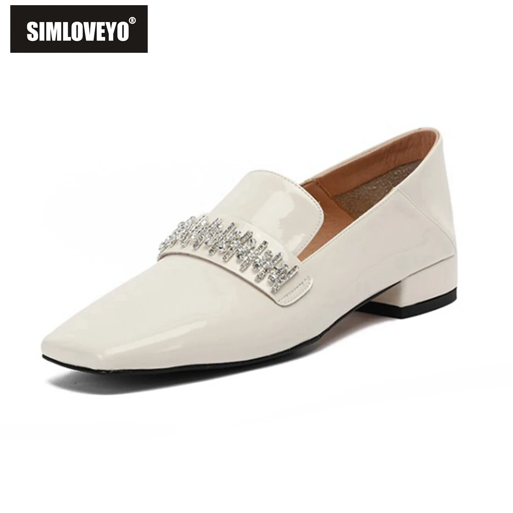 

Лоферы женские SIMLOVEYO, из лакированной кожи, без шнуровки, с кристаллами, квадратным носком, на толстом квадратном каблуке 2 см, офисные, S2185, 2021