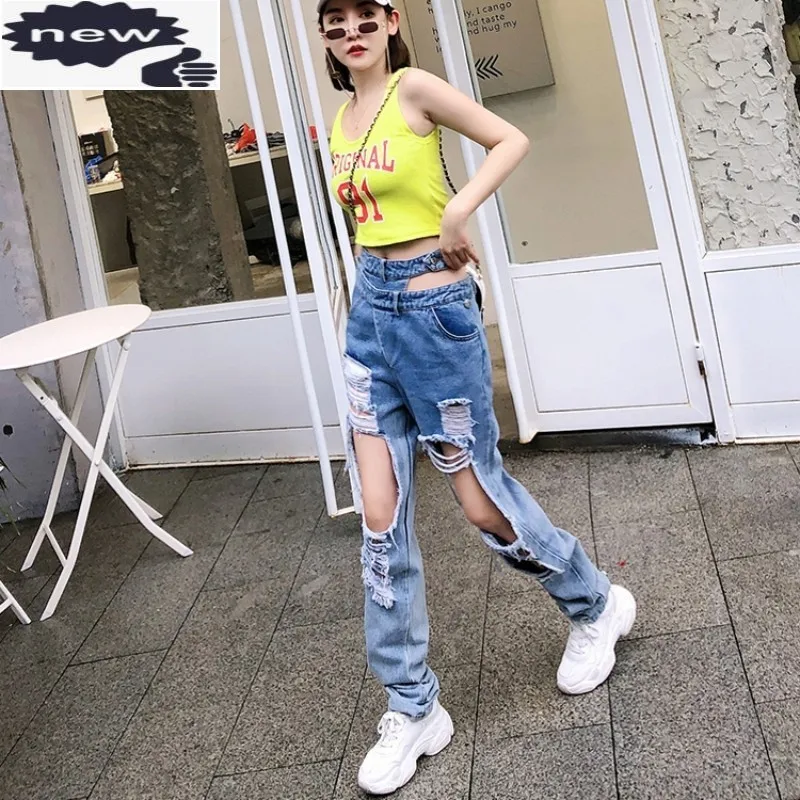 

2021 New Summer Hole Ripped Frayed Jeans Woman Hip Hop Casual Harem Trousers Fashion Streetwear High Waist Denim Pants Female